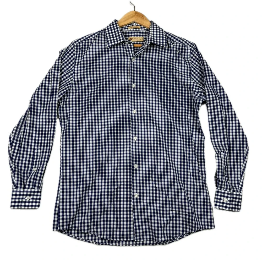 Haggar Men's Button Up Dress Shirt Blue Checkered Collar Size 16 - 34/35 Gangham